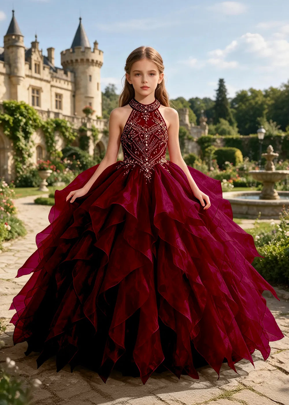 Embellished Halter Pageant Ball Gown for Girls