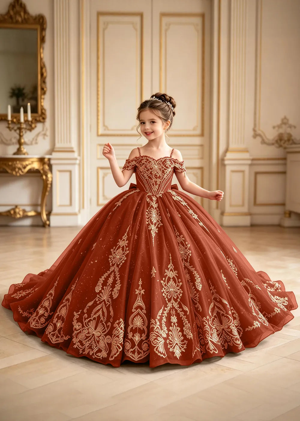 Regal Gold Embroidered Pageant Ball Gown for Girls