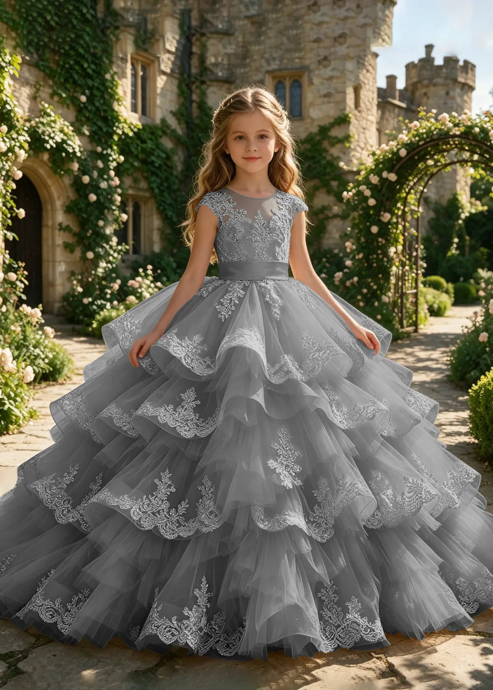 Cascading Lace Ruffle Flower Girl Ball Gown