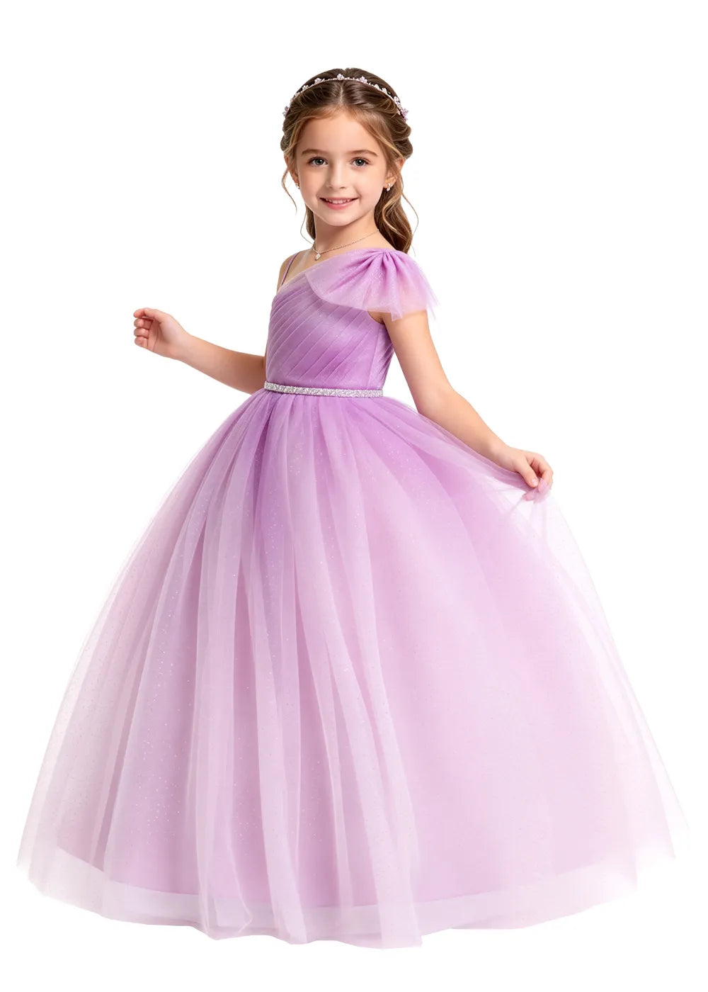 Bow Shoulder Sparkle Tulle Ball Gown