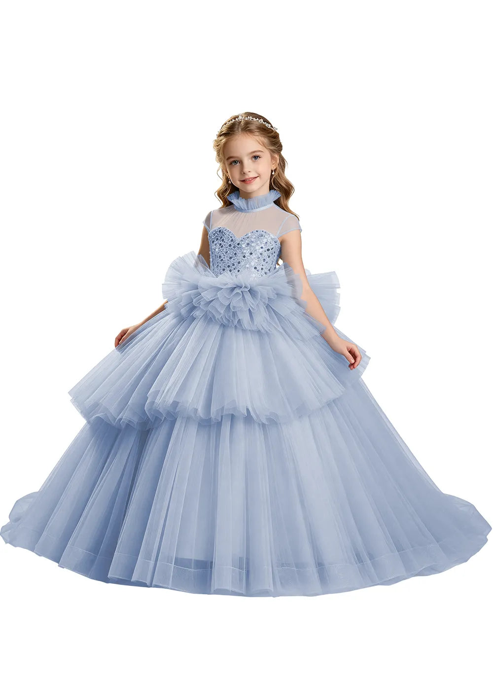 Sequin Illusion Neck Girls Pageant Ball Gown