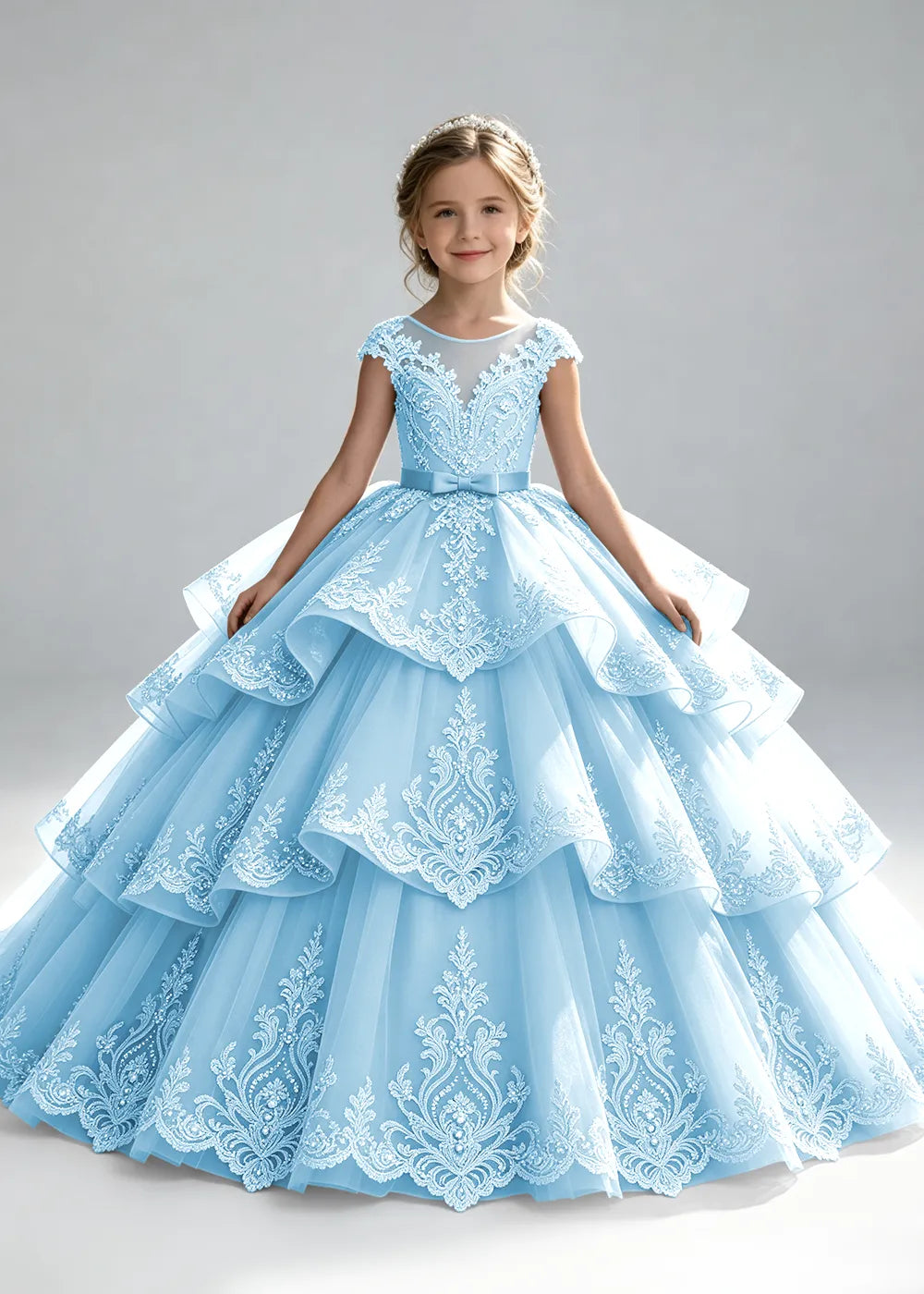 Embroidered Illusion Neck Tiered Pageant Ball Gown