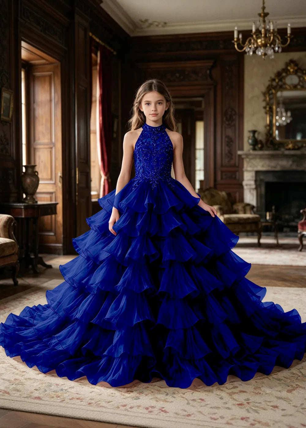 Halter Ruffle Tulle Pageant Ball Gown for Girls