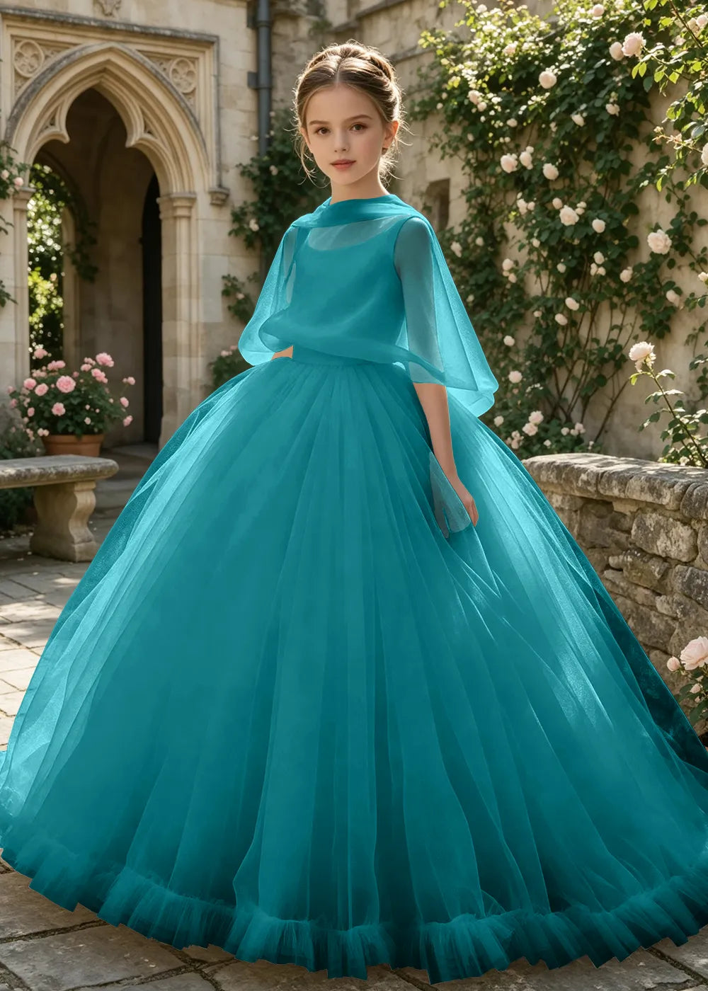 Sheer Cape Tulle Flower Girl Ball Gown