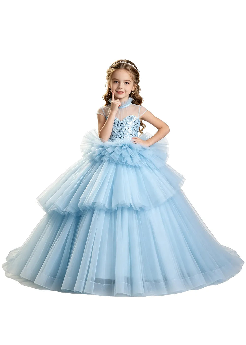 Sequin Illusion Neck Girls Pageant Ball Gown