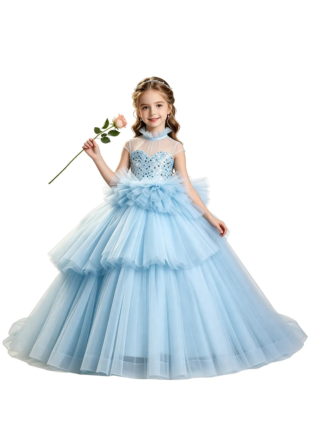 Sequin Illusion Neck Girls Pageant Ball Gown