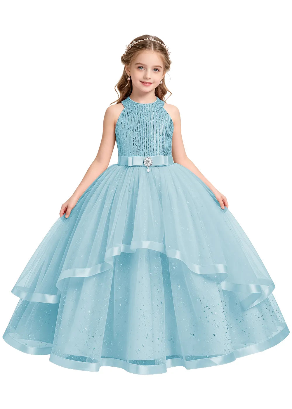 Elegant Glitter Tulle Girls Pageant Gown
