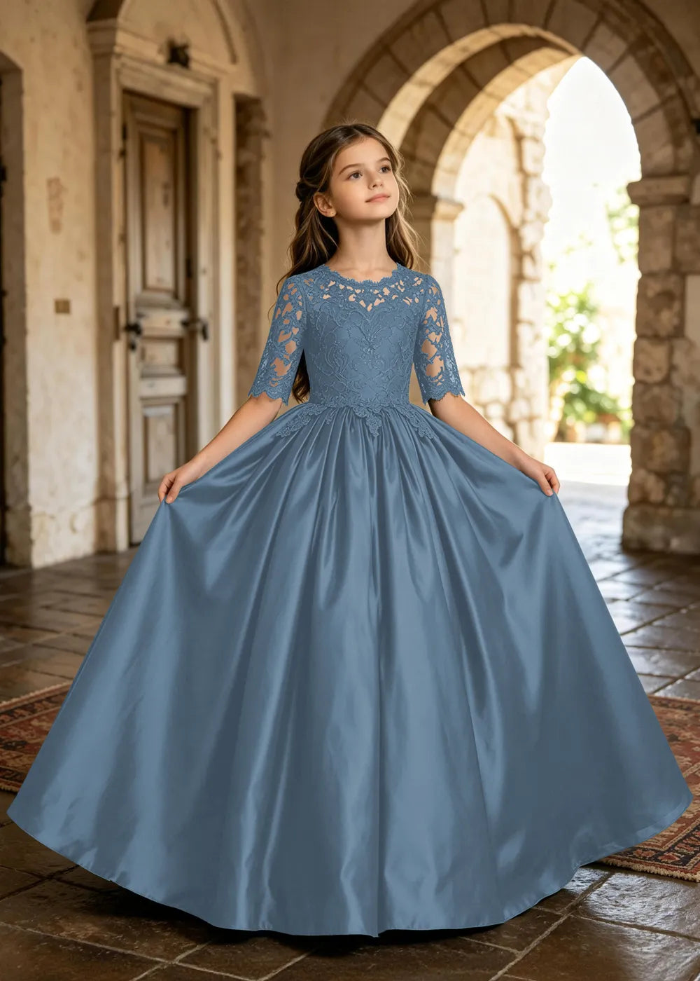 Floral Lace Satin Ball Gown for Girls