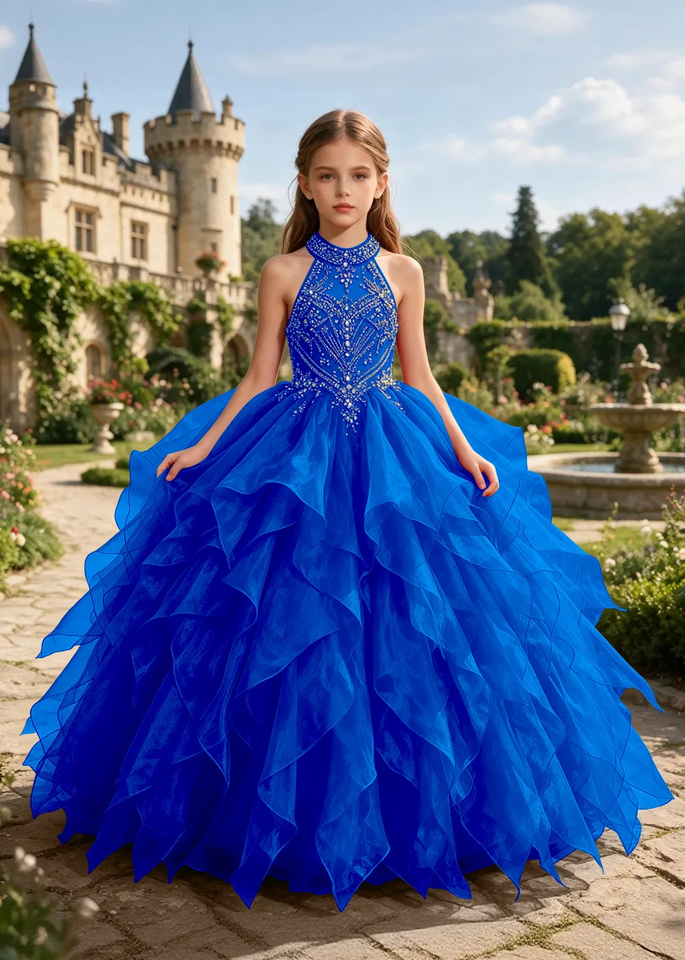 Embellished Halter Pageant Ball Gown for Girls