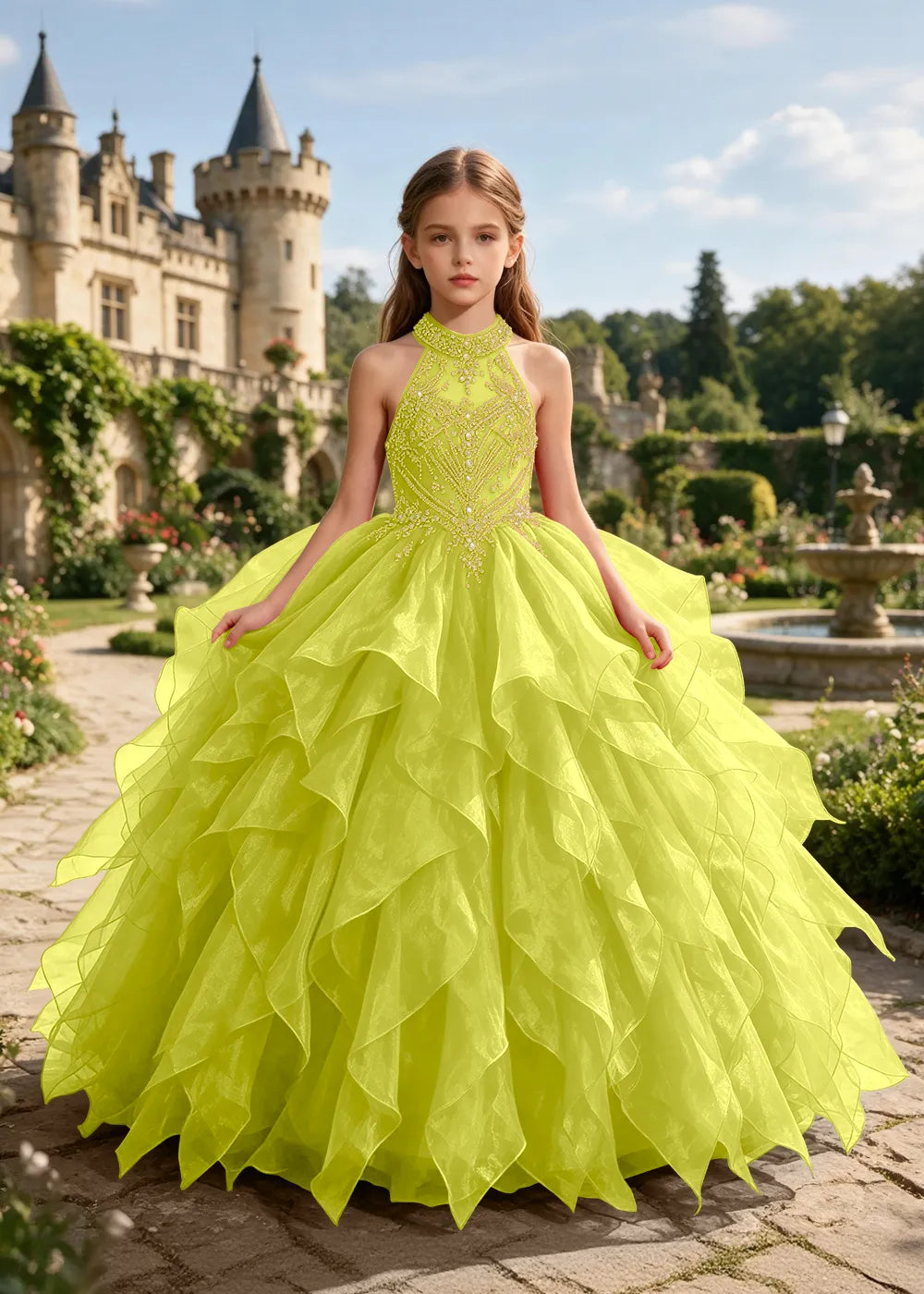 Embellished Halter Pageant Ball Gown for Girls