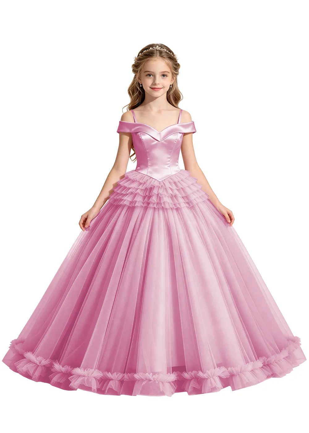 Off-Shoulder Satin Princess Ball Gown for Girls