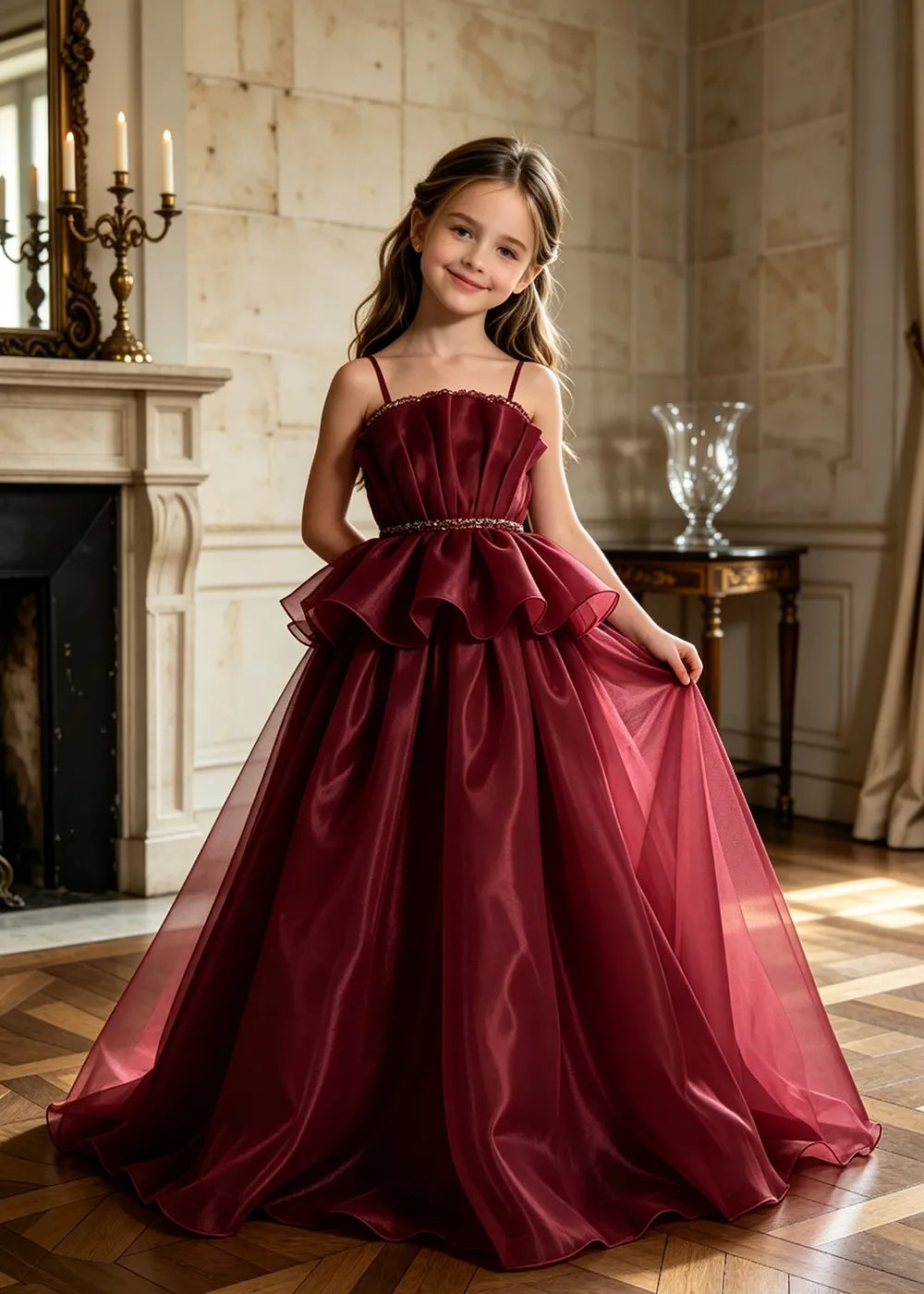 Pearl Waist Draped Flower Girl Ball Gown