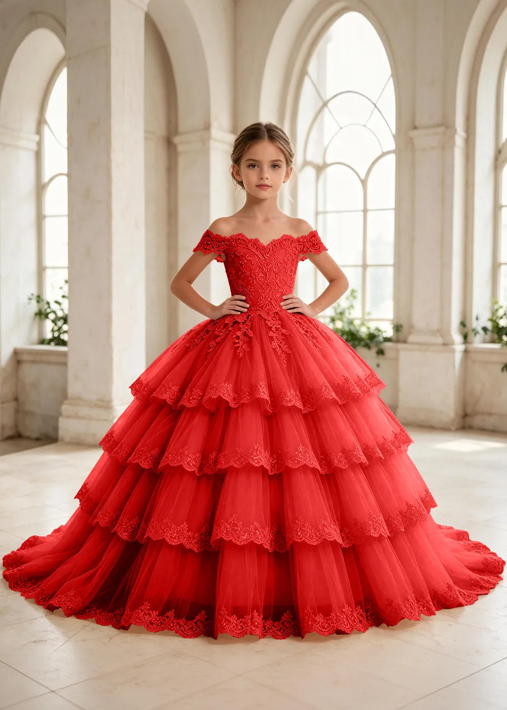オフショルダーのレースプリンセスドレス