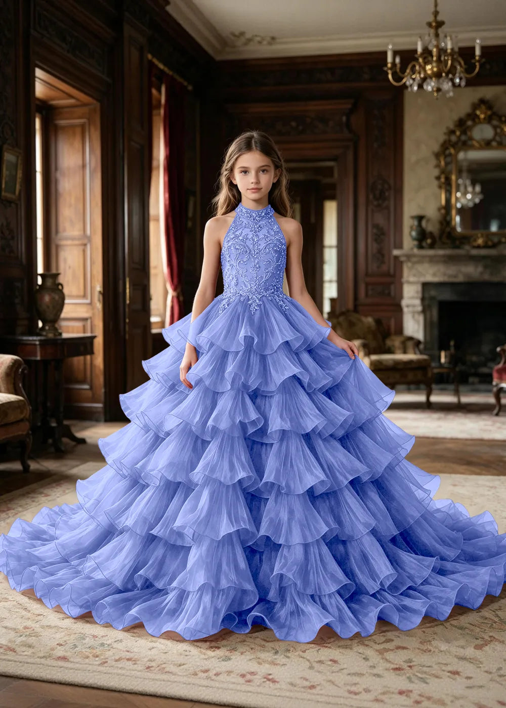Halter Ruffle Tulle Pageant Ball Gown for Girls