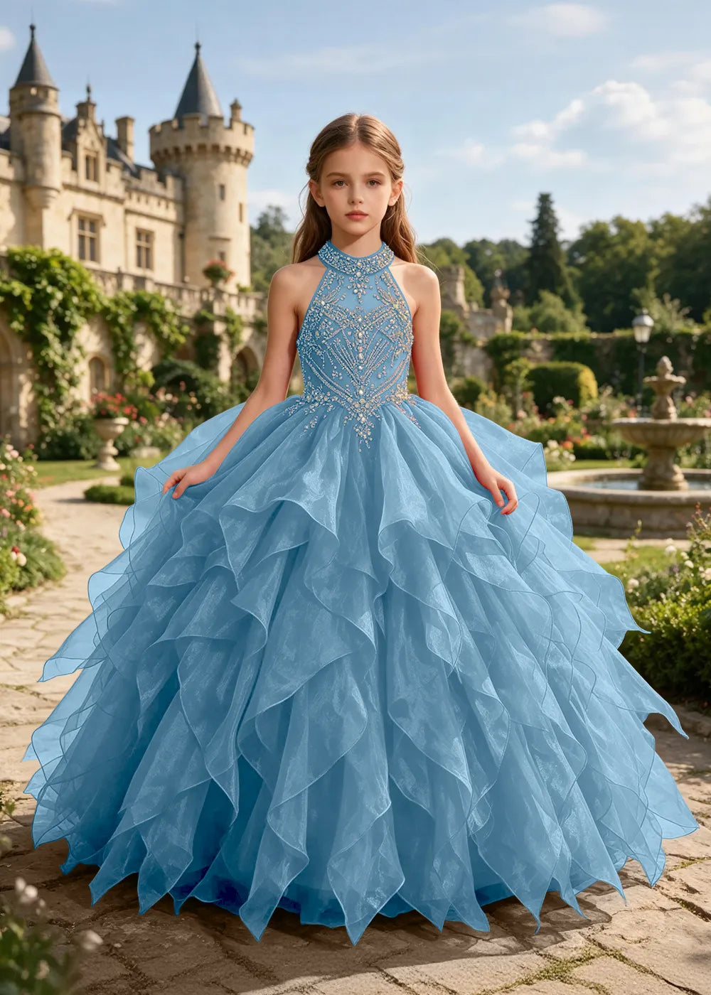 Embellished Halter Pageant Ball Gown for Girls