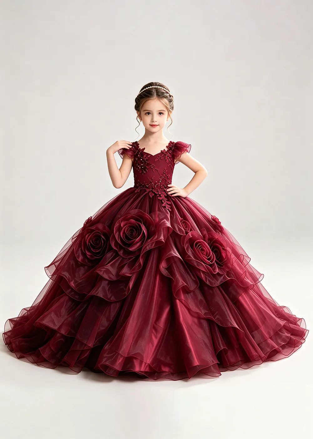 3D Rose Floral Pageant Ball Gown for Girls