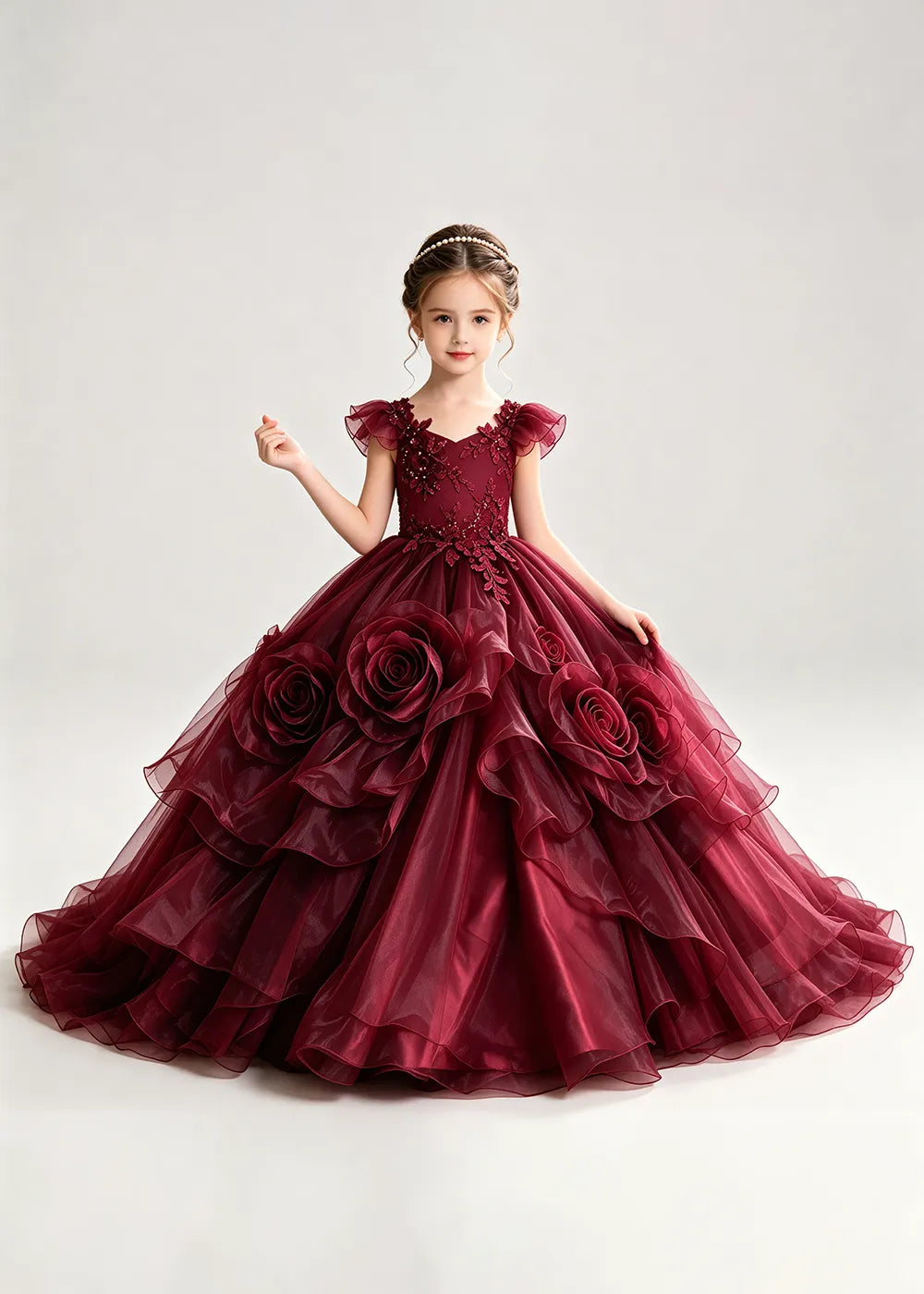 3D Rose Floral Pageant Ball Gown for Girls