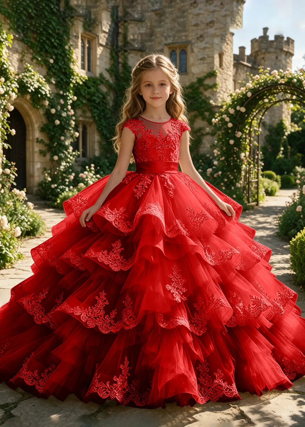 Cascading Lace Ruffle Flower Girl Ball Gown