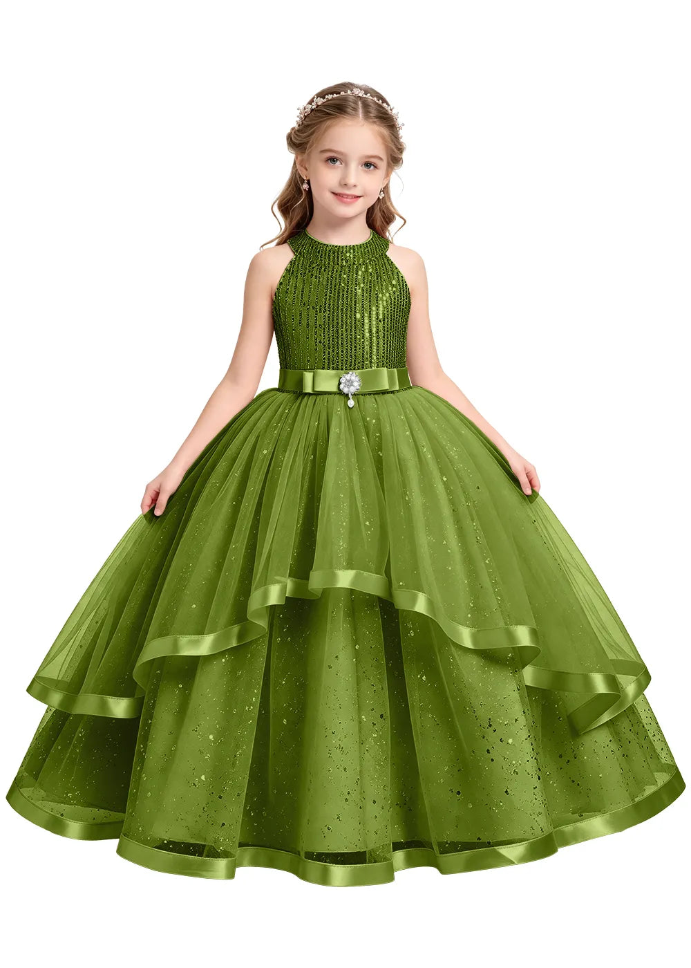Elegant Glitter Tulle Girls Pageant Gown