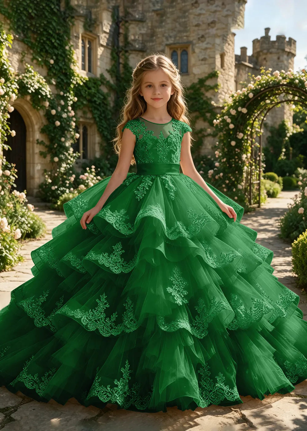 Cascading Lace Ruffle Flower Girl Ball Gown