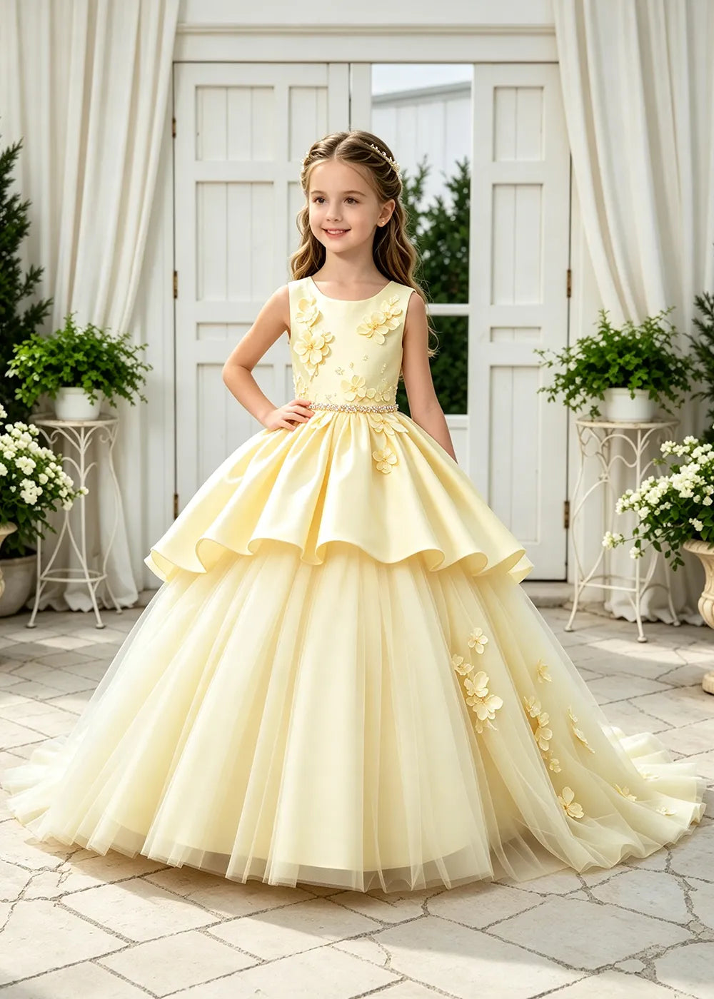 Girls Formal Gown with Sleeveless Bodice and Tulle Ball Skirt
