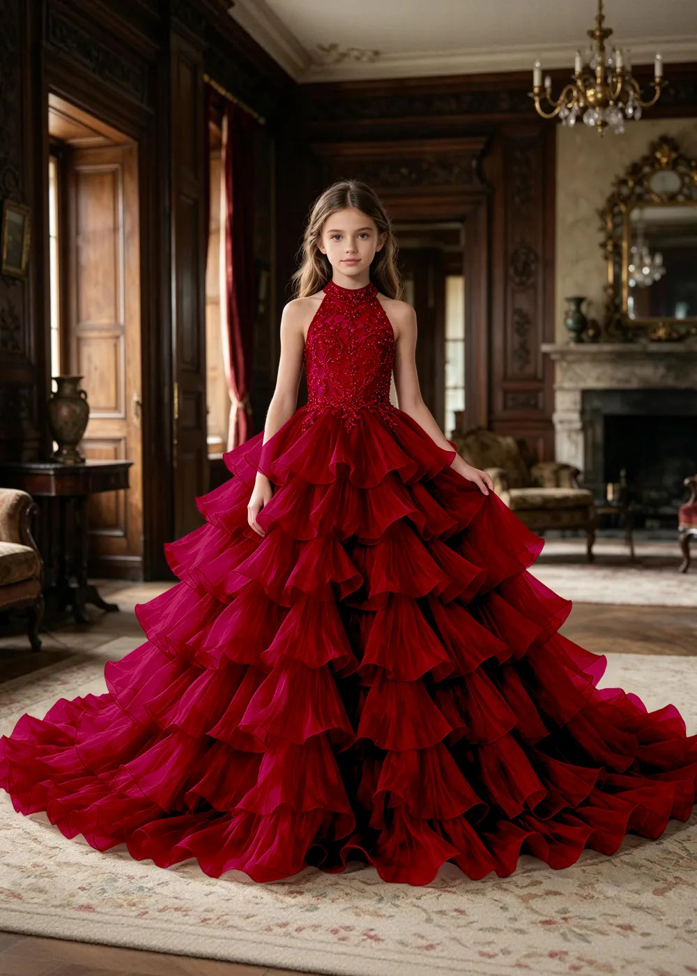 Halter Ruffle Tulle Pageant Ball Gown for Girls