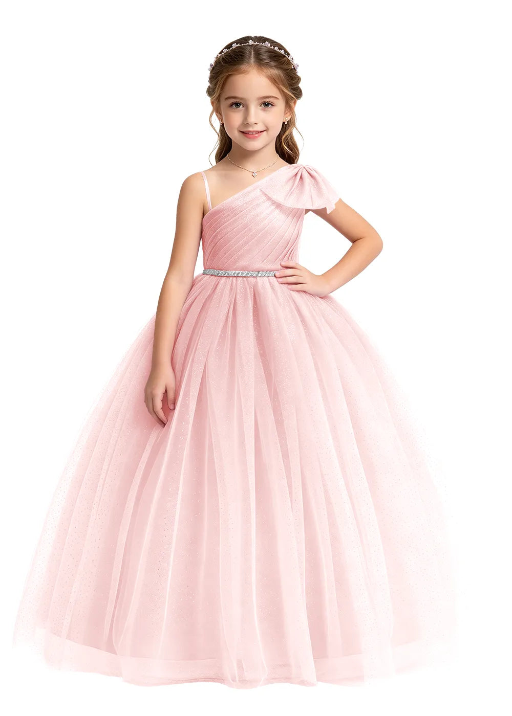 Bow Shoulder Sparkle Tulle Ball Gown
