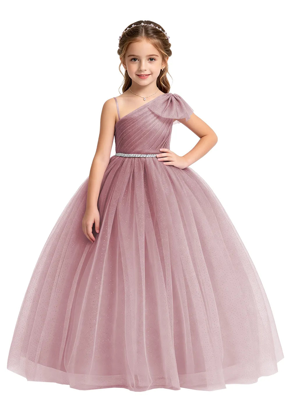 Bow Shoulder Sparkle Tulle Ball Gown