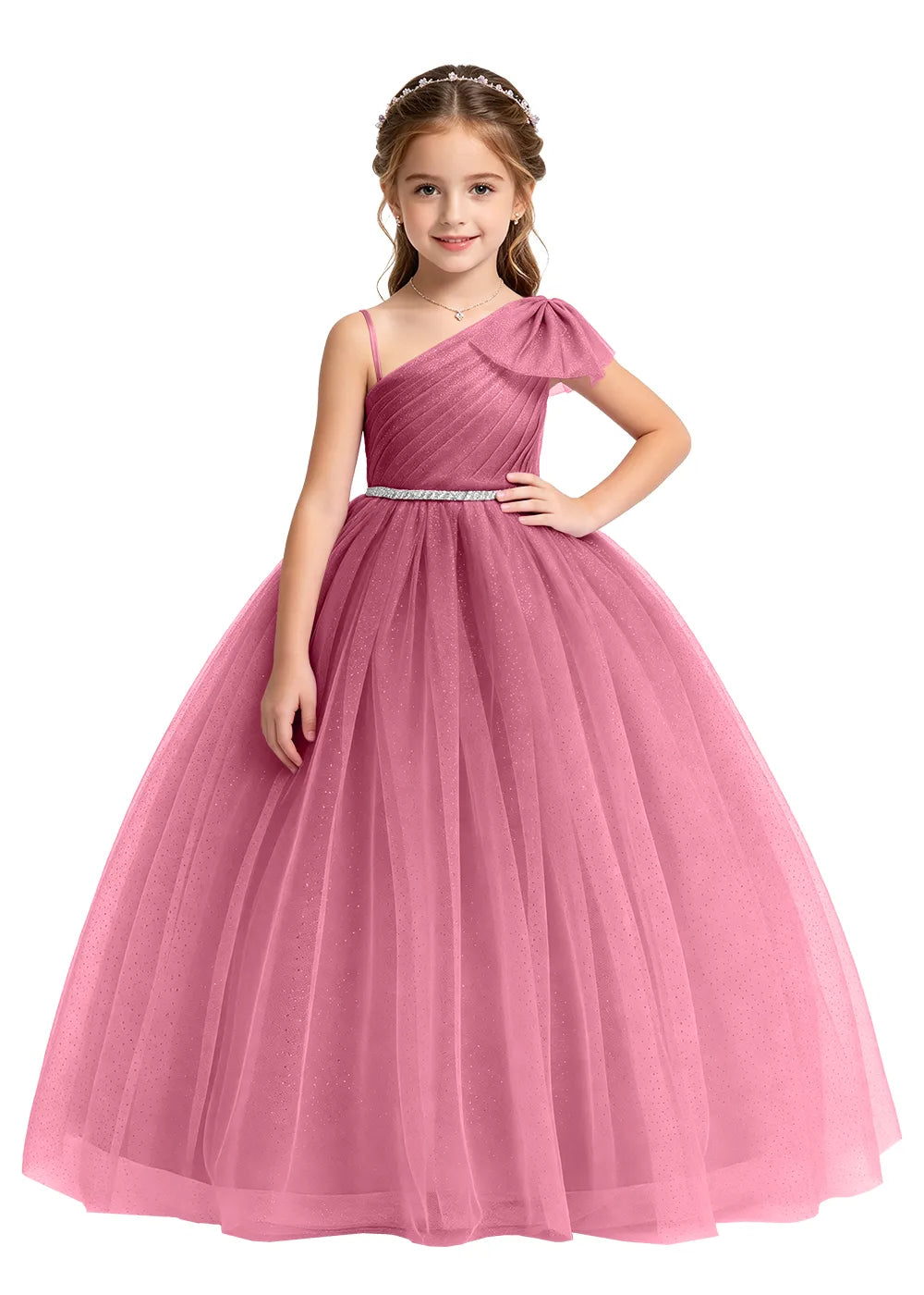 Bow Shoulder Sparkle Tulle Ball Gown