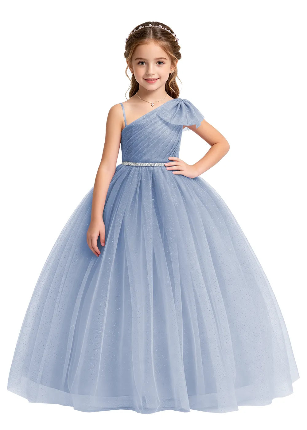 Bow Shoulder Sparkle Tulle Ball Gown
