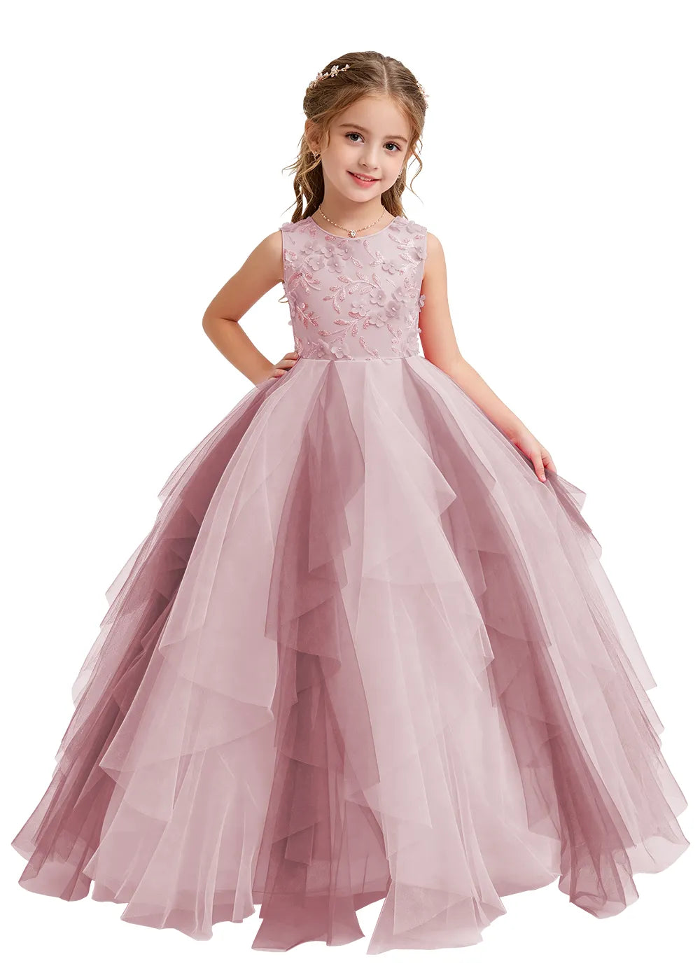 Layered Ruffle Tulle Ball Gown for Girls
