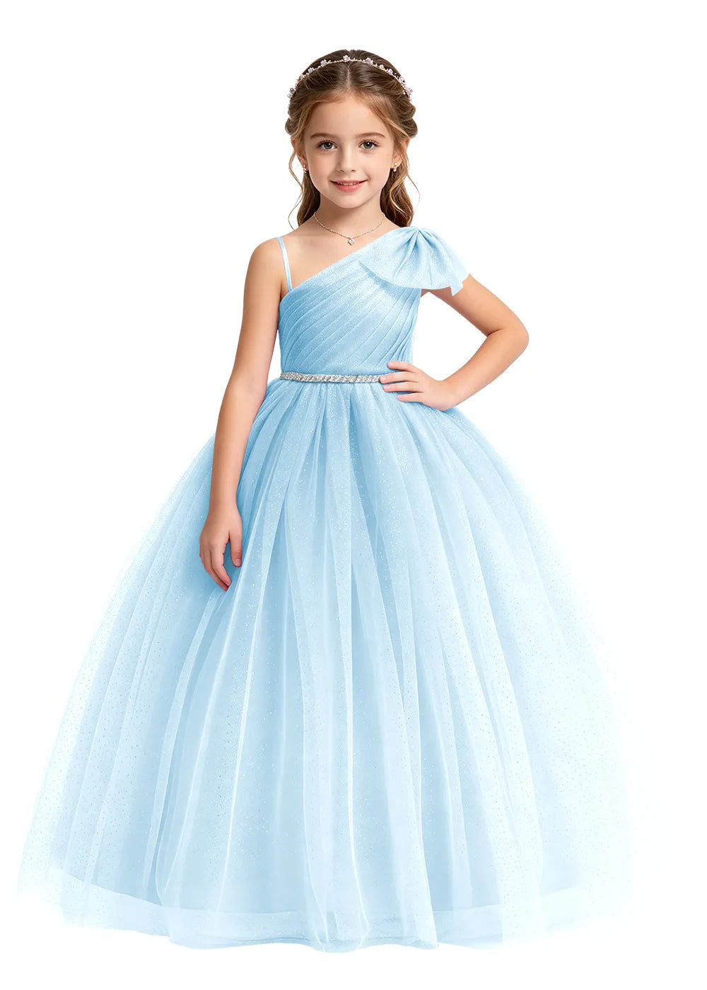Bow Shoulder Sparkle Tulle Ball Gown