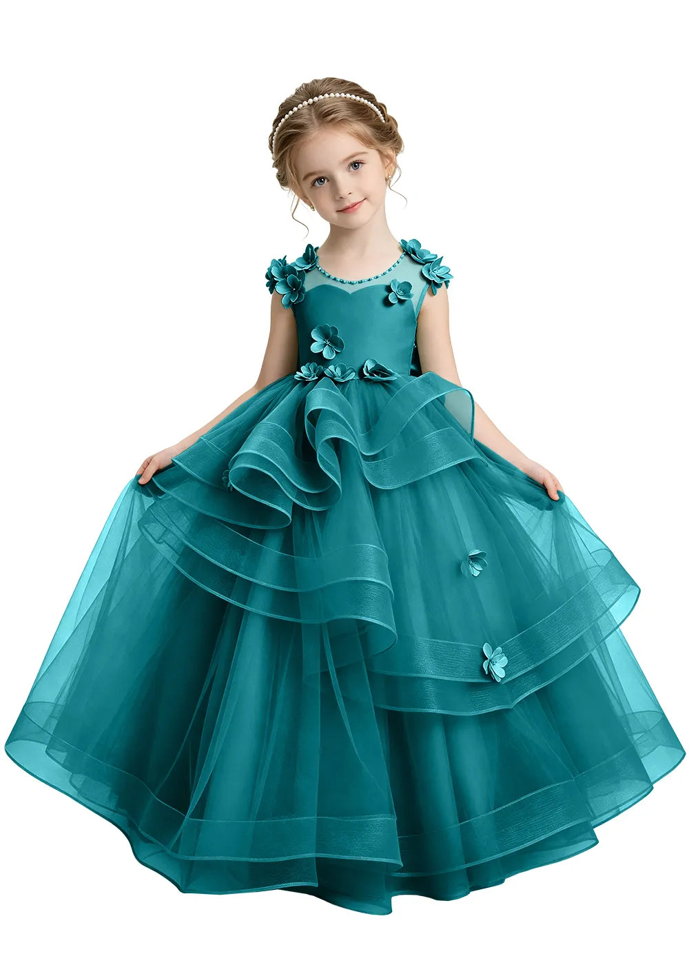 Layered Ruffle Tulle Girls Ball Gown
