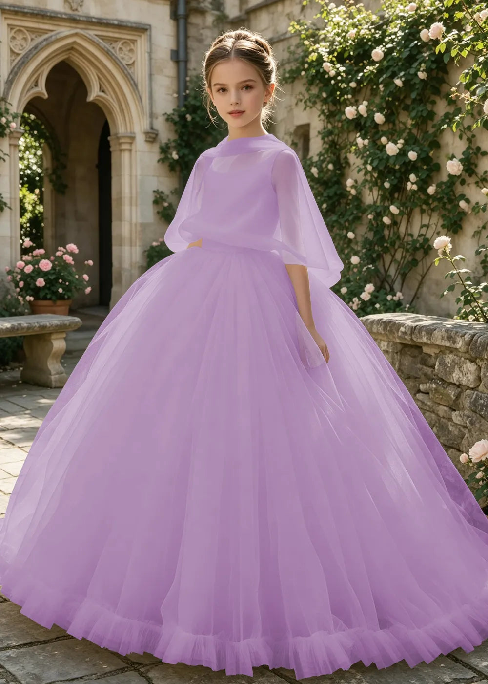 Sheer Cape Tulle Flower Girl Ball Gown