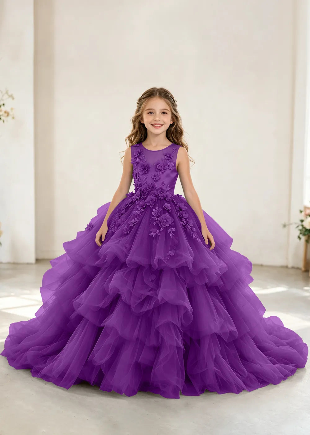 Luxury Layered Tulle Princess Dress with Floral Appliques