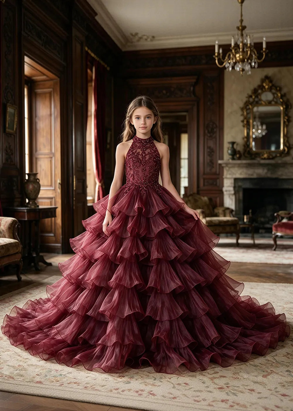 Halter Ruffle Tulle Pageant Ball Gown for Girls