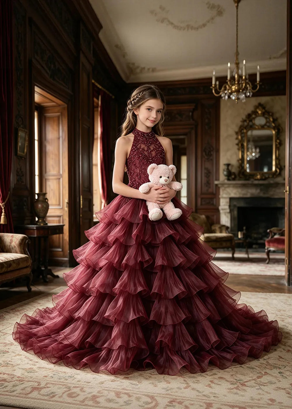 Halter Ruffle Tulle Pageant Ball Gown for Girls