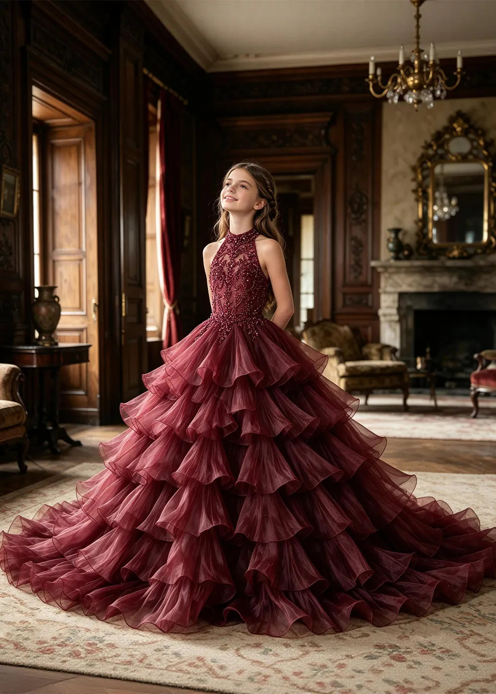 Halter Ruffle Tulle Pageant Ball Gown for Girls