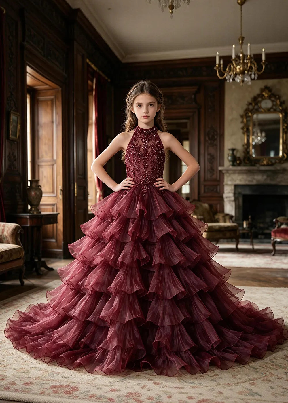 Halter Ruffle Tulle Pageant Ball Gown for Girls