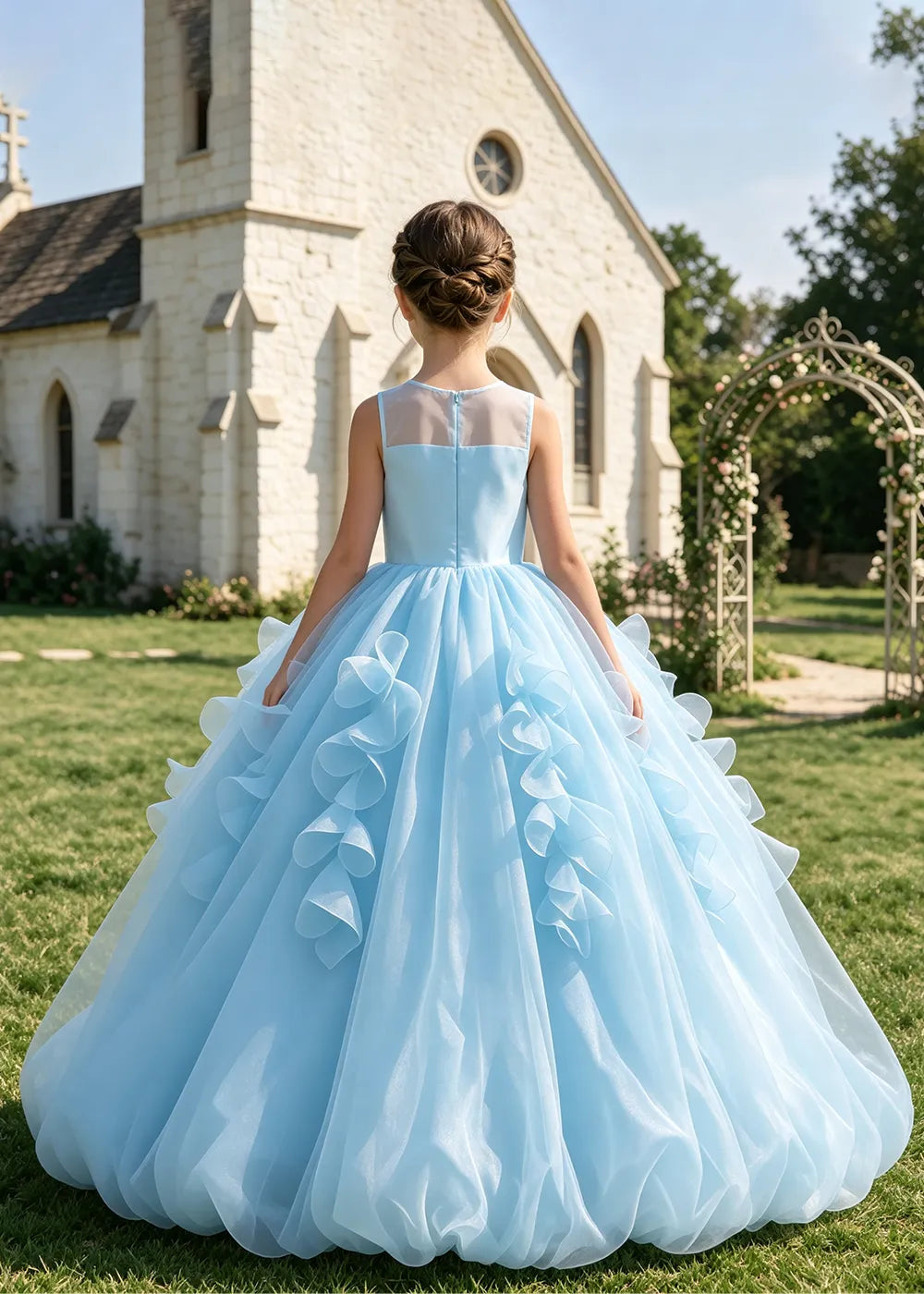 Illusion Neck Ruffle Organza Princess Ball Gown