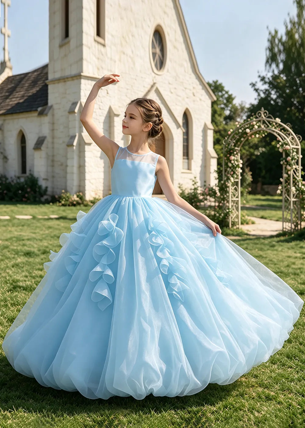 Illusion Neck Ruffle Organza Princess Ball Gown