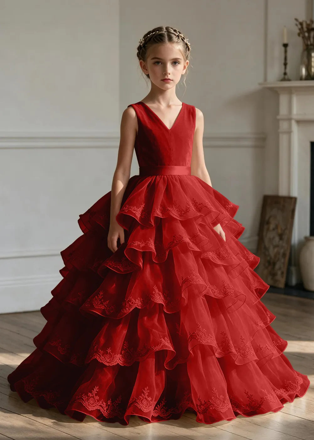 Elegant Girls Satin Princess Dress with Layered Ruffle Skirt