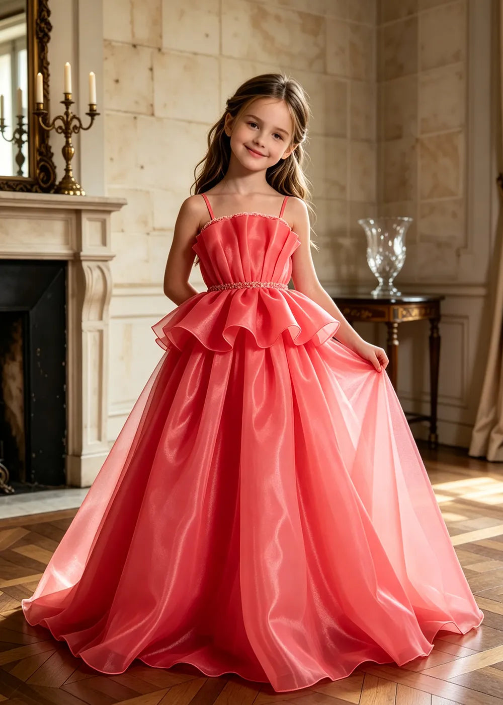 Pearl Waist Draped Flower Girl Ball Gown
