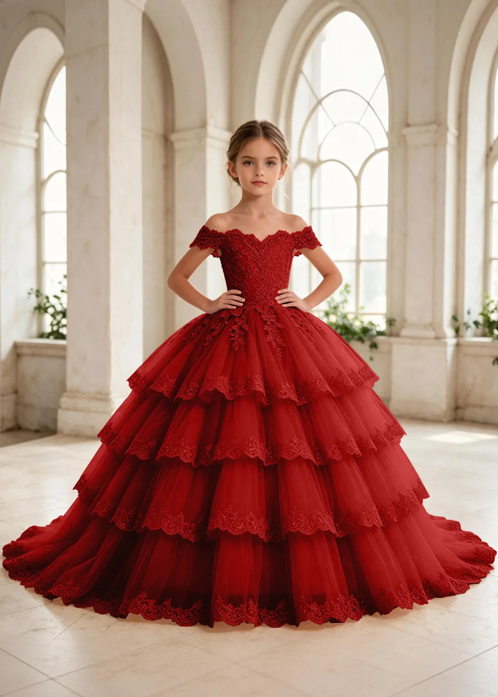 オフショルダーのレースプリンセスドレス