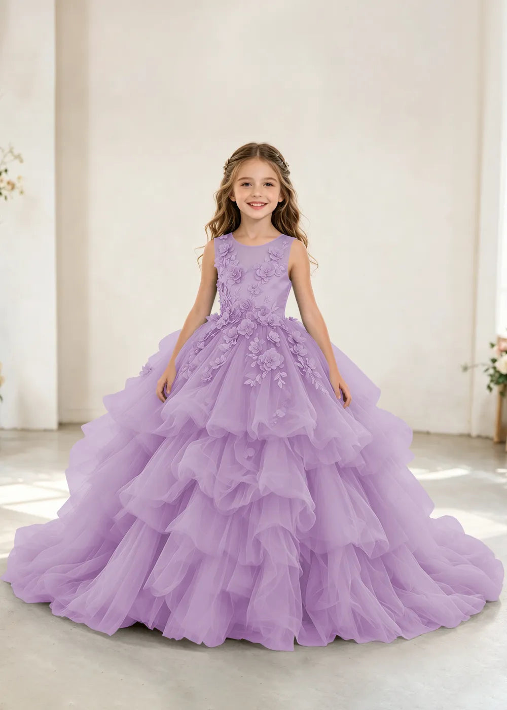 Luxury Layered Tulle Princess Dress with Floral Appliques