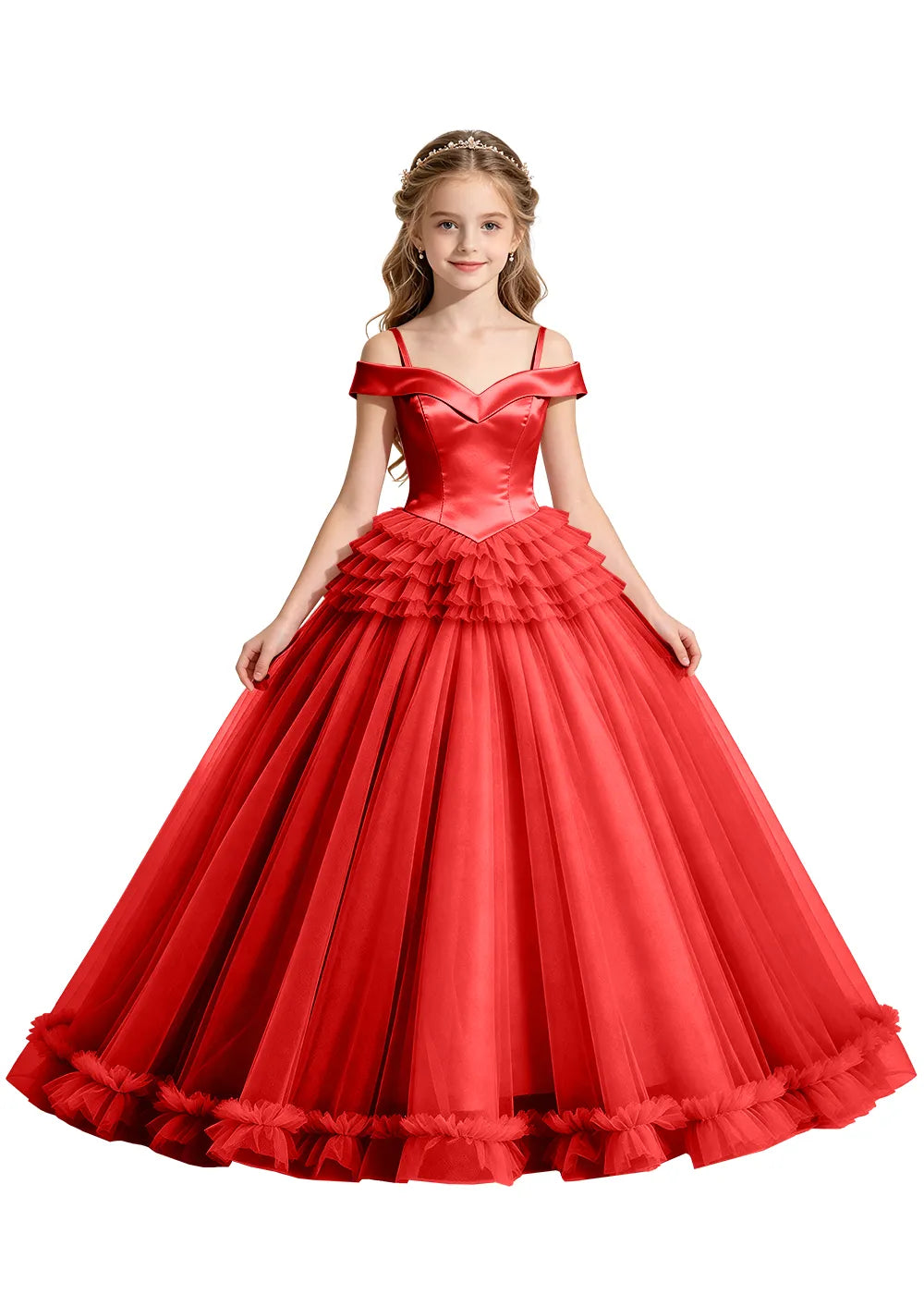 Off-Shoulder Satin Princess Ball Gown for Girls