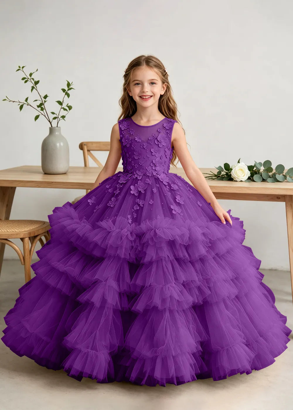 Luxury Floral Embroidered Ball Gown Dress for Little Girls