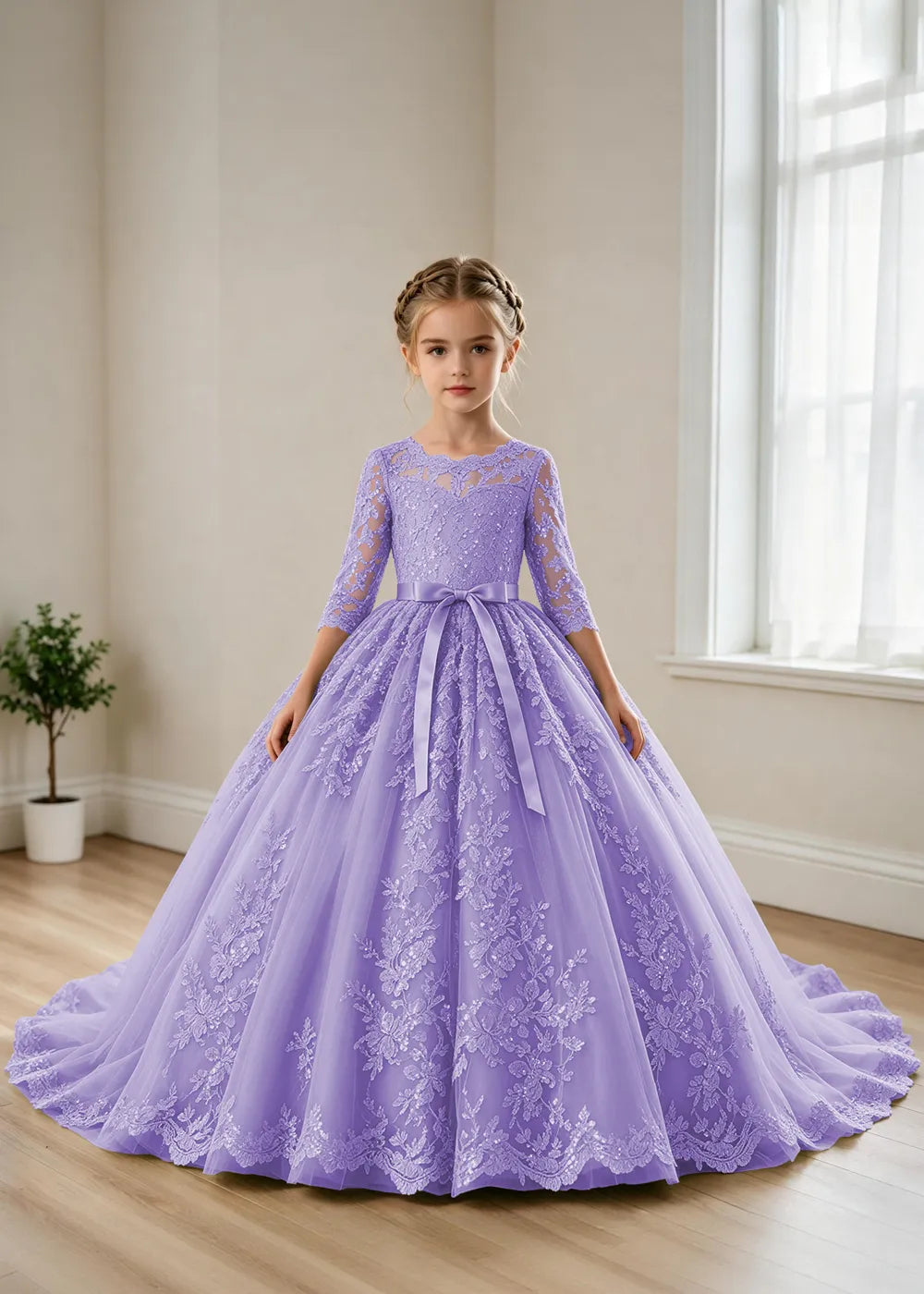Elegant Lace Princess Dress with Full Tulle Skirt for Girls