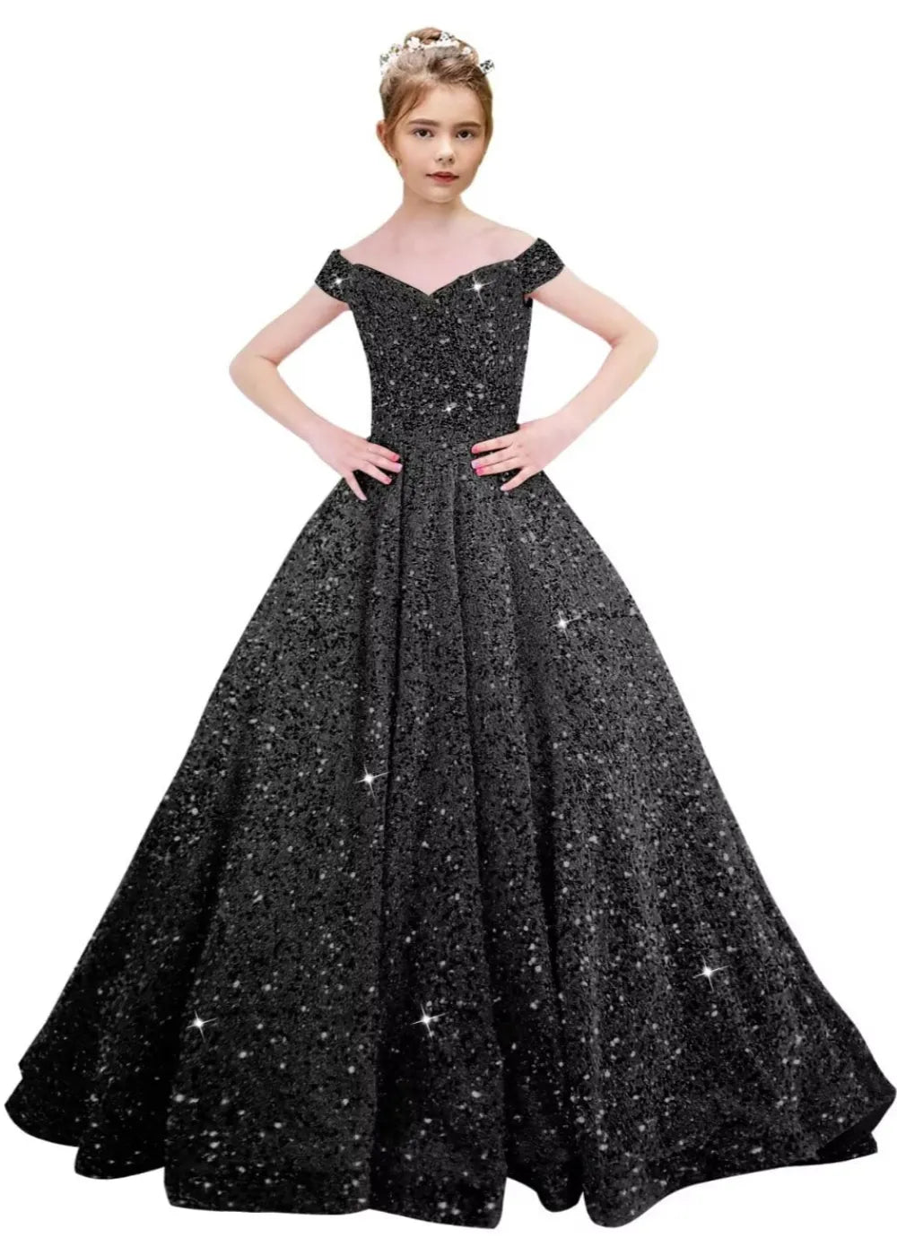 Girls Off Shoulder Sequin Ball Gown Pageant Dress