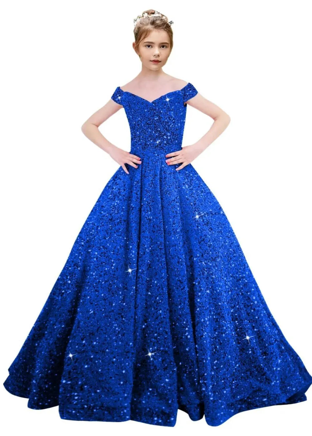 Girls Off Shoulder Sequin Ball Gown Pageant Dress